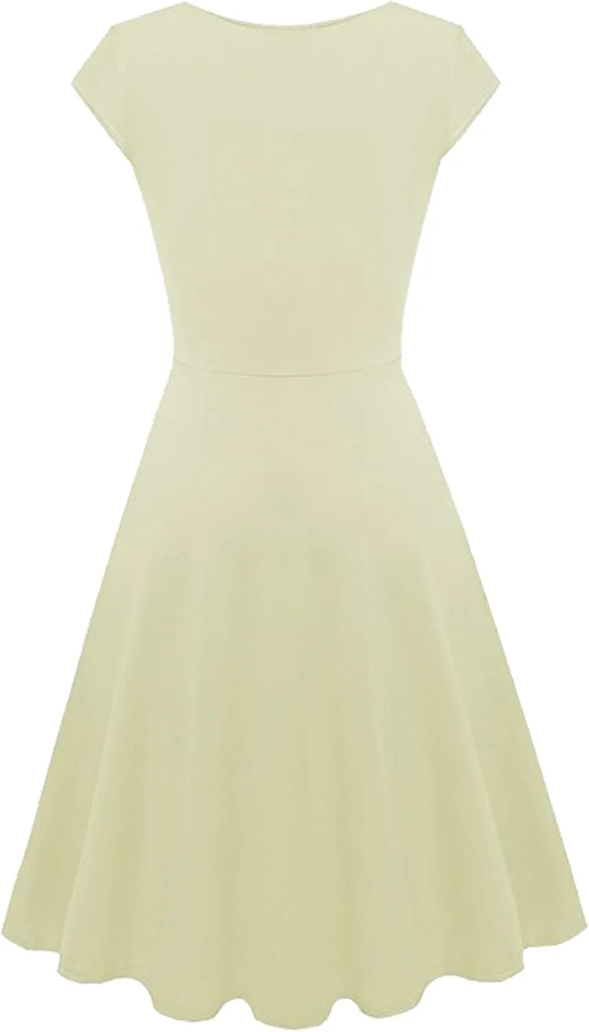 WIWIQS Women Vintage Women's Deep V Neck Casual Cross Wrap Flared Midi Dress