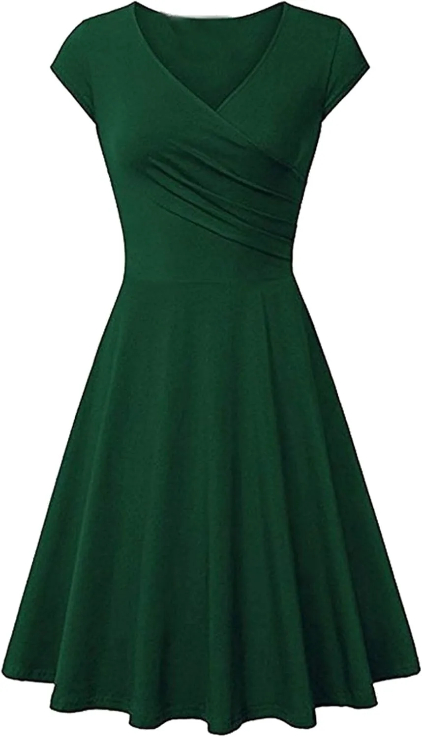WIWIQS Women Vintage Women's Deep V Neck Casual Cross Wrap Flared Midi Dress