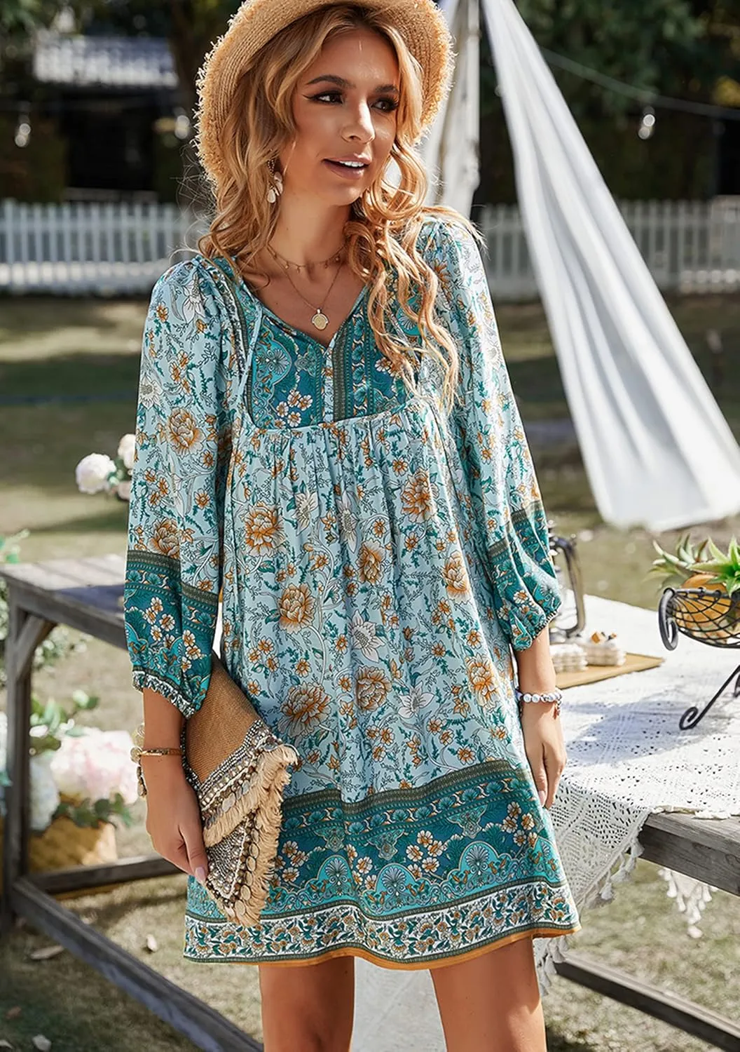 WIWIQS Womens Bohemian Neck Tie Vintage Printed Ethnic Style Summer Casual Beach Dress