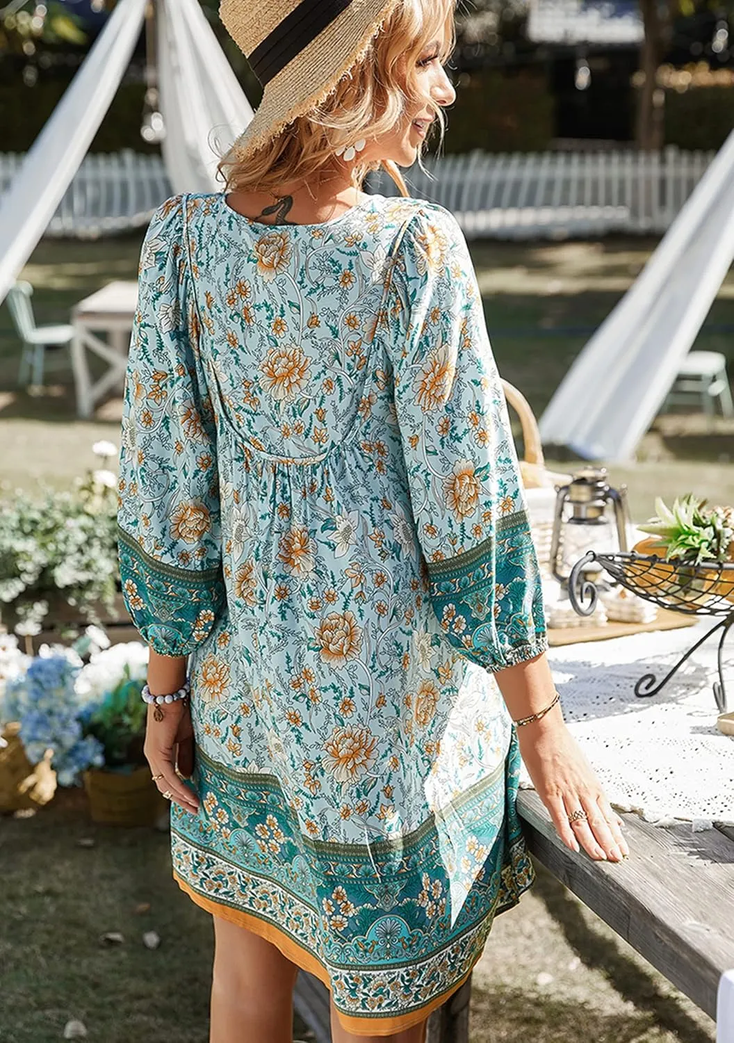 WIWIQS Womens Bohemian Neck Tie Vintage Printed Ethnic Style Summer Casual Beach Dress