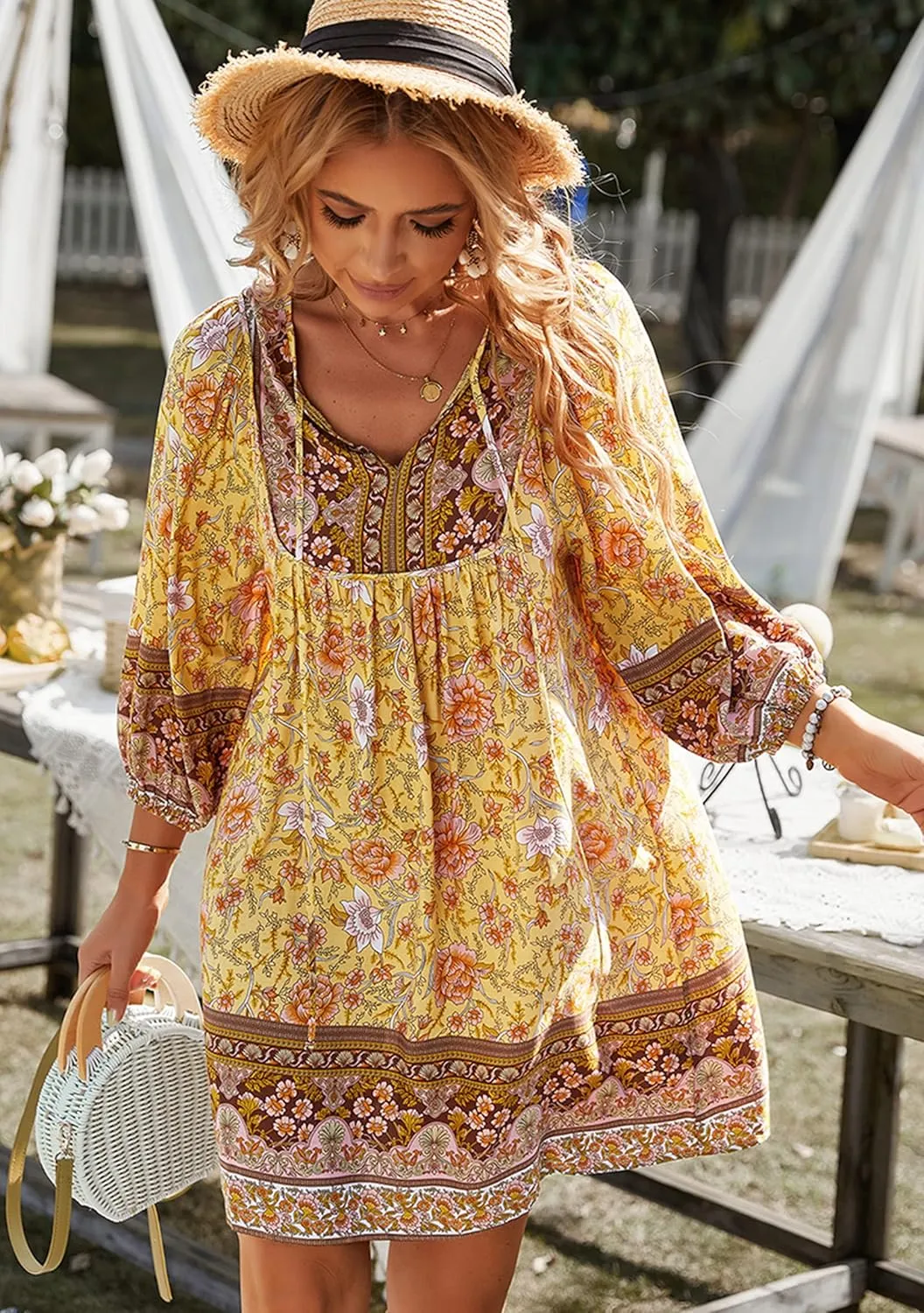 WIWIQS Womens Bohemian Neck Tie Vintage Printed Ethnic Style Summer Casual Beach Dress