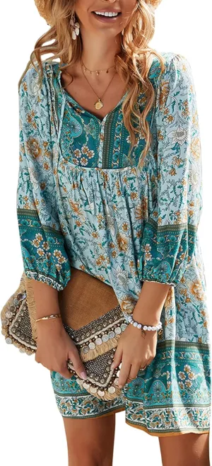 WIWIQS Womens Bohemian Neck Tie Vintage Printed Ethnic Style Summer Casual Beach Dress