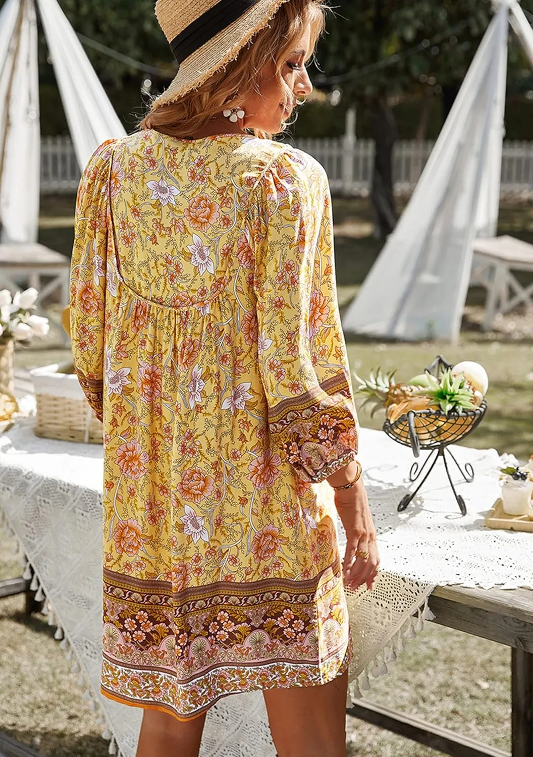 WIWIQS Womens Bohemian Neck Tie Vintage Printed Ethnic Style Summer Casual Beach Dress