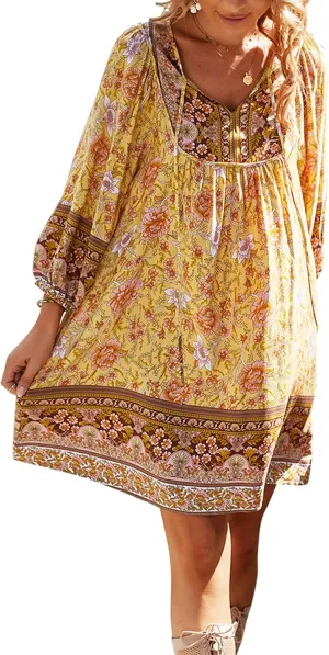 WIWIQS Womens Bohemian Neck Tie Vintage Printed Ethnic Style Summer Casual Beach Dress