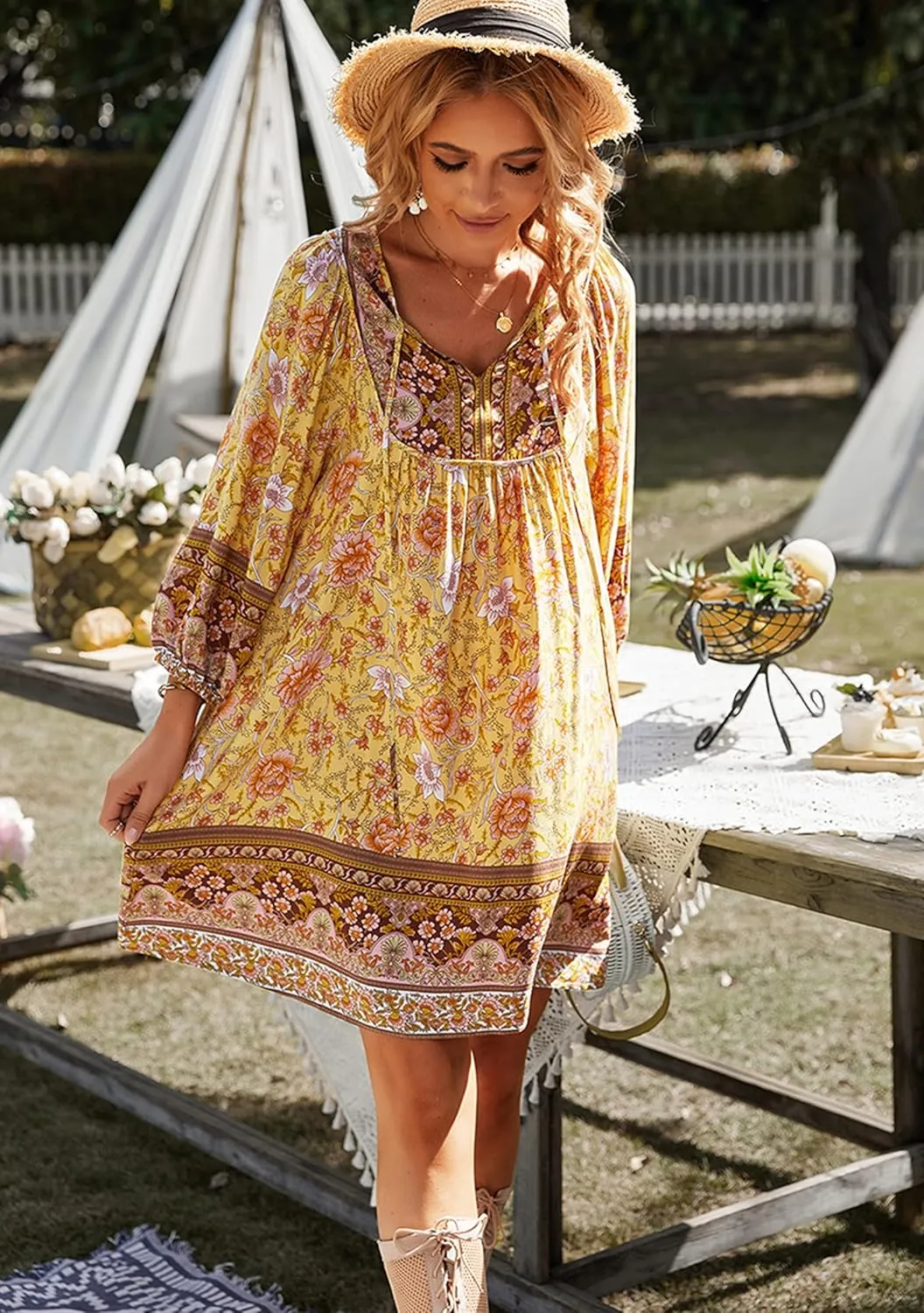 WIWIQS Womens Bohemian Neck Tie Vintage Printed Ethnic Style Summer Casual Beach Dress