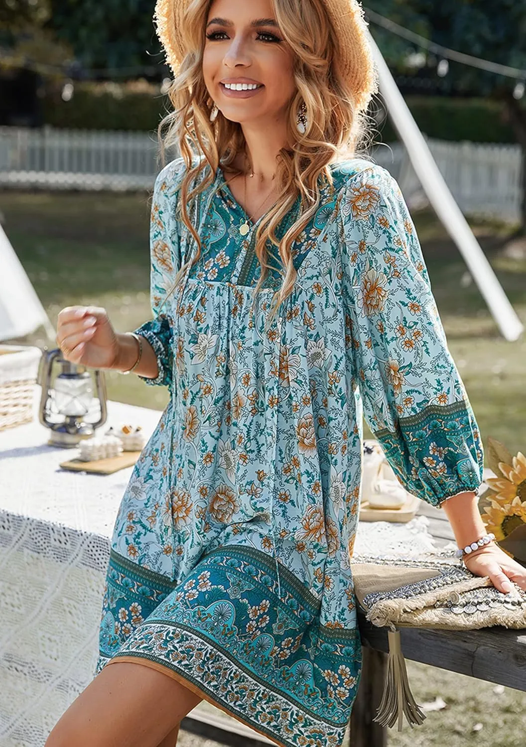 WIWIQS Womens Bohemian Neck Tie Vintage Printed Ethnic Style Summer Casual Beach Dress