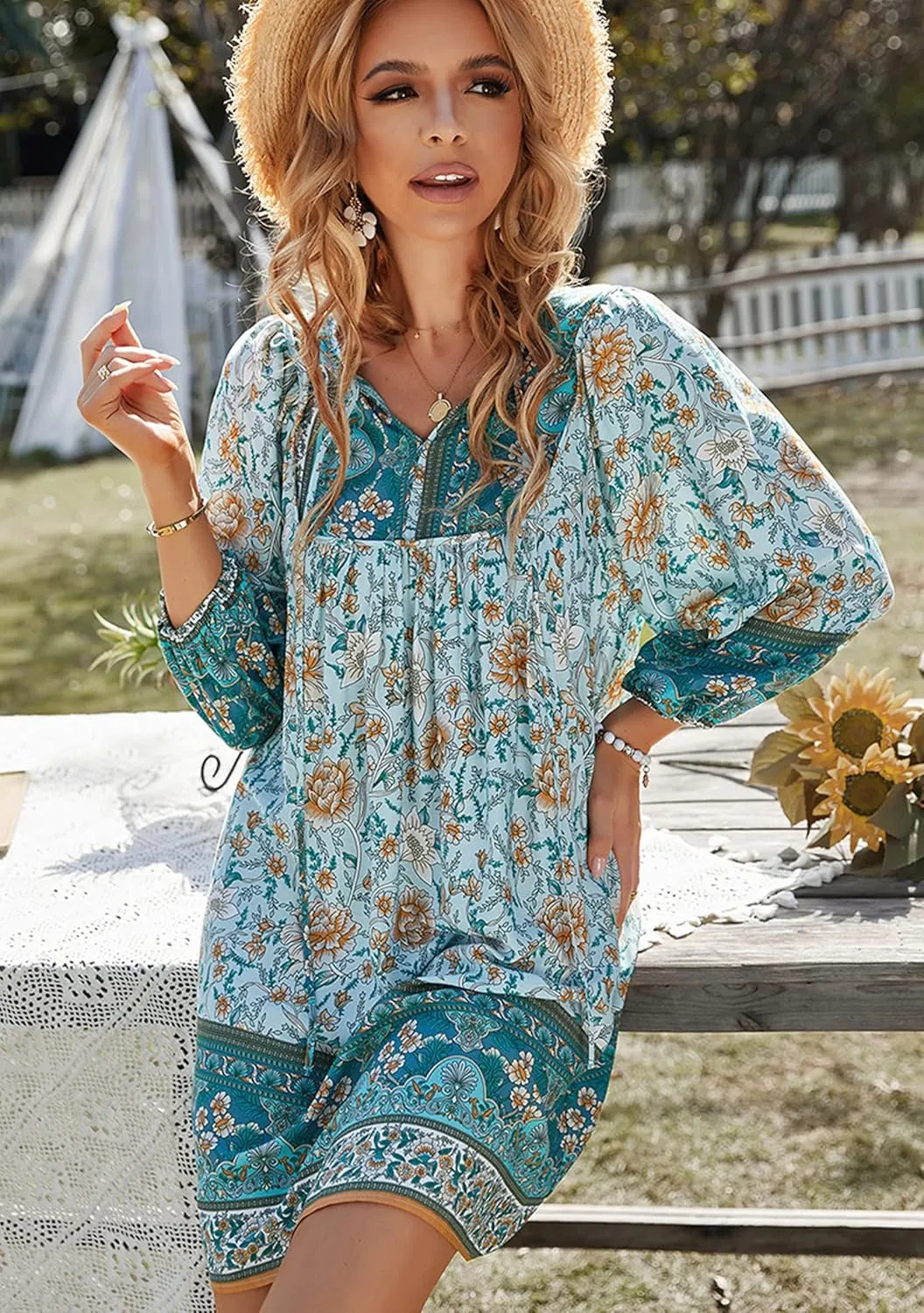 WIWIQS Womens Bohemian Neck Tie Vintage Printed Ethnic Style Summer Casual Beach Dress
