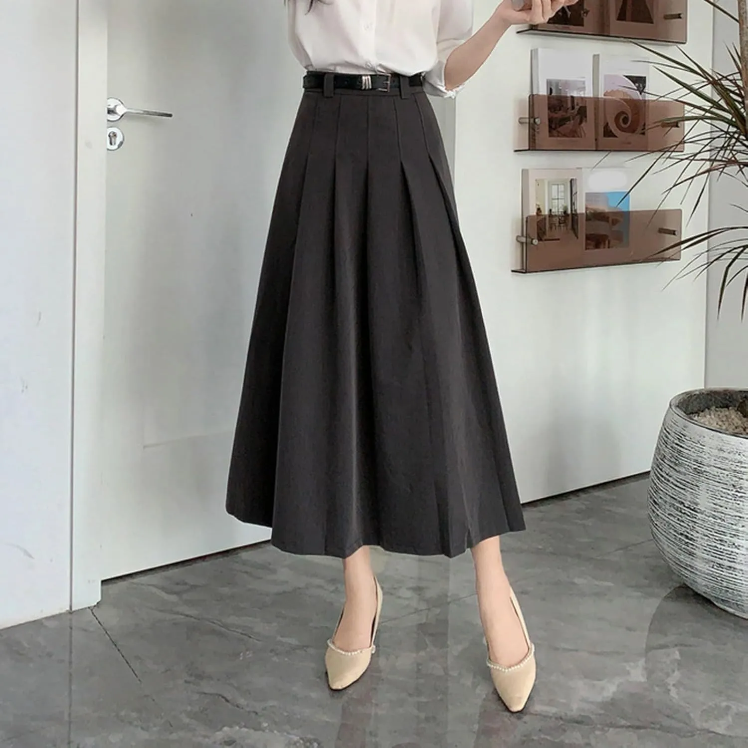 Women Fashion Casual Mid Length Suit Skirt A Line High Waisted Pleated Skirt Daily Costume Half Suit Skirt for