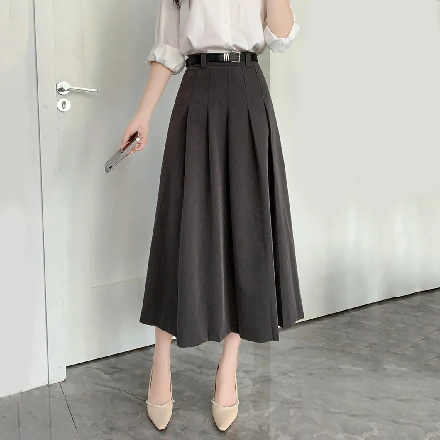 Women Fashion Casual Mid Length Suit Skirt A Line High Waisted Pleated Skirt Daily Costume Half Suit Skirt for