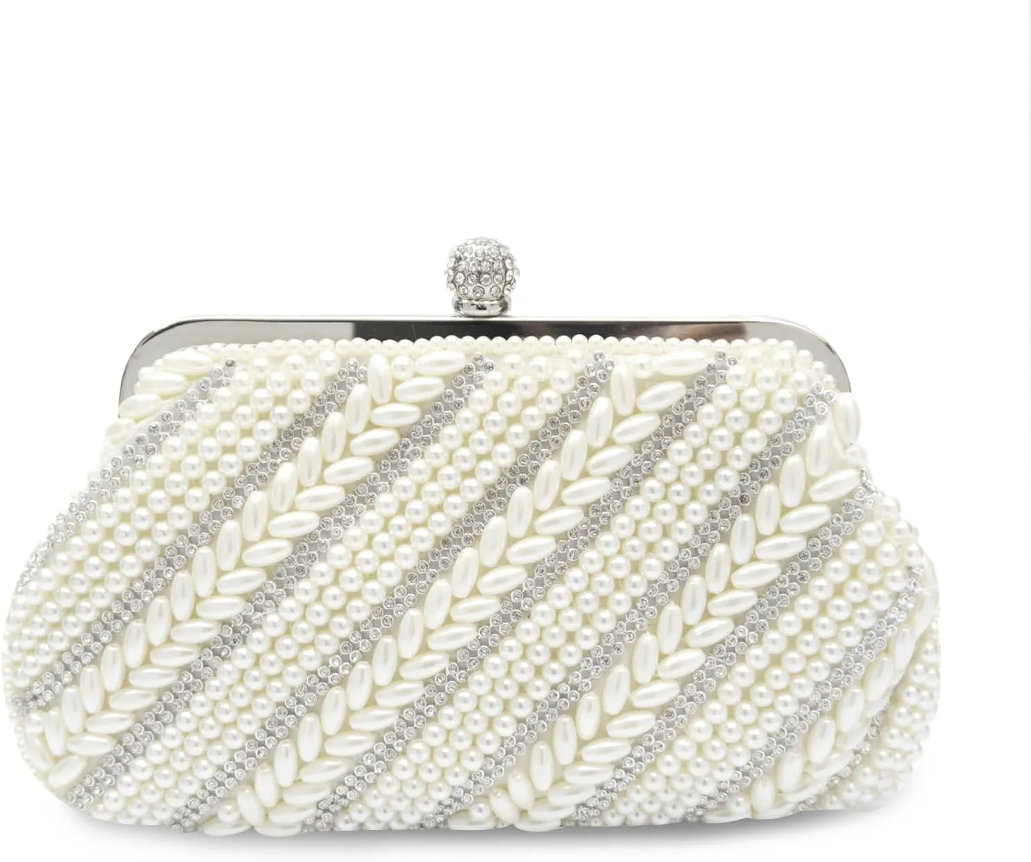 Women Pearl Evening Bag Rhinestone Clutch Bag Beaded Handbag Bridal Wedding Purse Shoulder Bag with Detachable Chain
