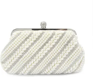 Women Pearl Evening Bag Rhinestone Clutch Bag Beaded Handbag Bridal Wedding Purse Shoulder Bag with Detachable Chain