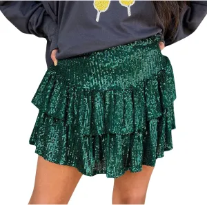 Women Sequin Skirt Sparkly Cute High Waist Ruffle Skirt Fashion 2025 Teen Girls Night Out Party Glitter Mini Skirt
