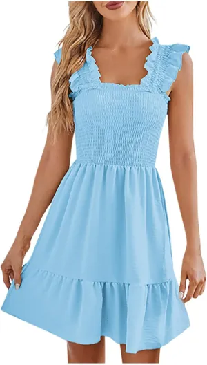Women Summer Casual Sleeveless Dress Square Neck Smocked Ruffle Backless Boho Mini Dress Trendy Sundress