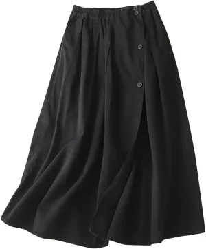 Women's 2024 Summer Fashion Elastic High Waist Midi Skirt Casual Vintage A-Line Pleated Split Button Skirts with Pockets