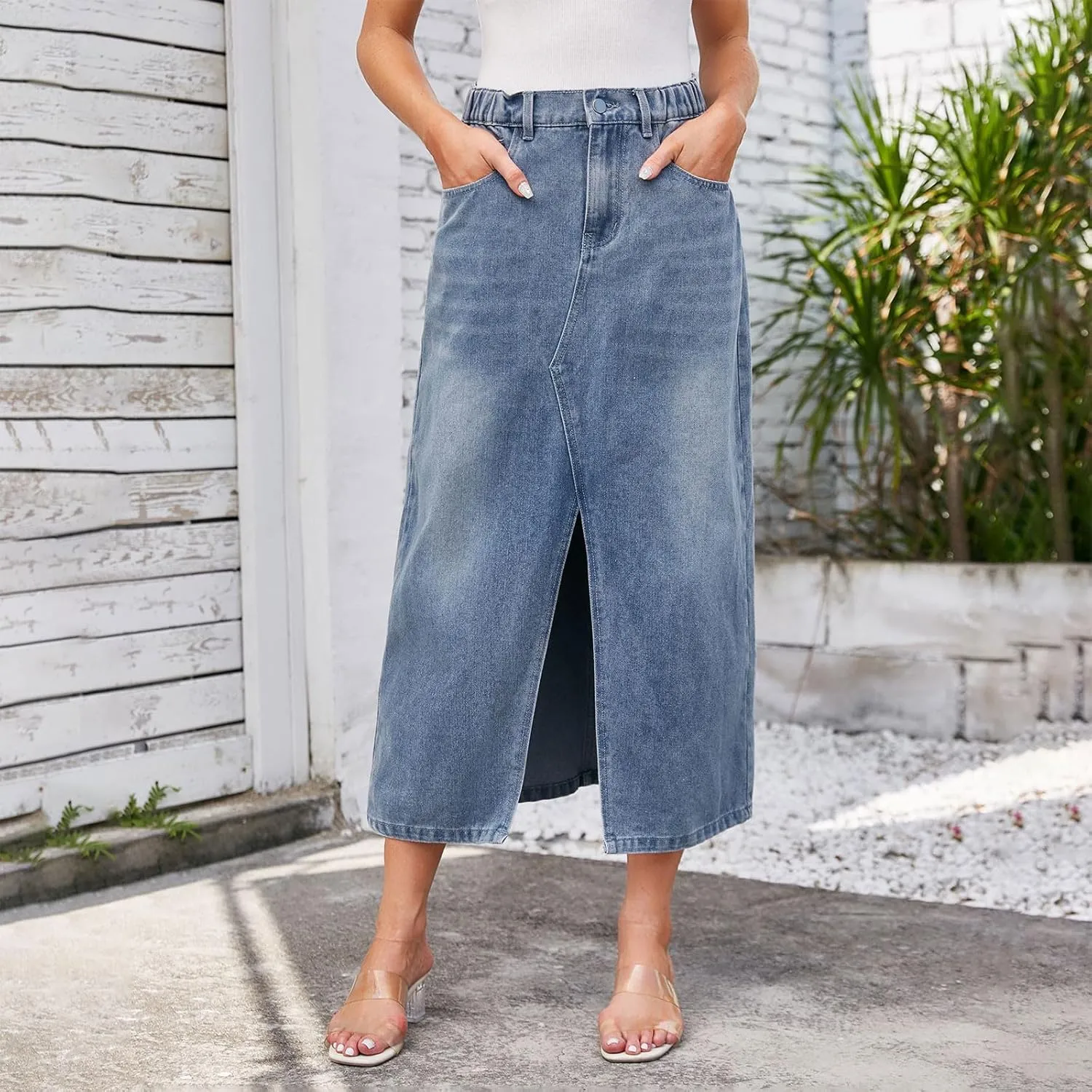 Women's Casual Front Slit Denim Midi Jean Skirt High Waisted Stretch Frayed Button Up Cargo Skirts with Pockets