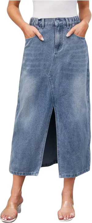 Women's Casual Front Slit Denim Midi Jean Skirt High Waisted Stretch Frayed Button Up Cargo Skirts with Pockets