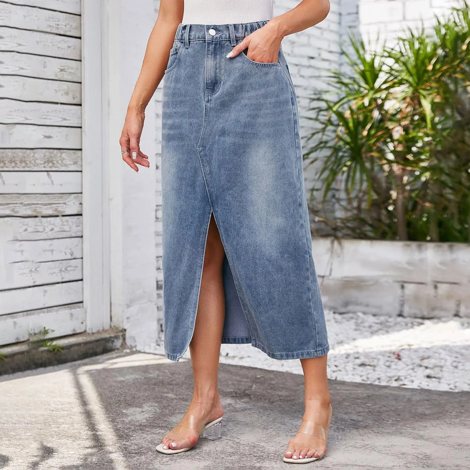 Women's Casual Front Slit Denim Midi Jean Skirt High Waisted Stretch Frayed Button Up Cargo Skirts with Pockets