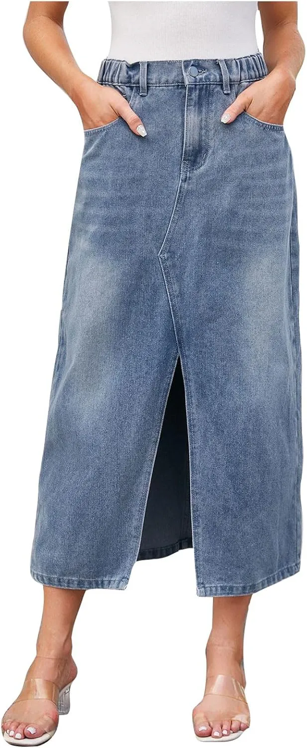 Women's Casual Front Slit Denim Midi Jean Skirt High Waisted Stretch Frayed Button Up Cargo Skirts with Pockets