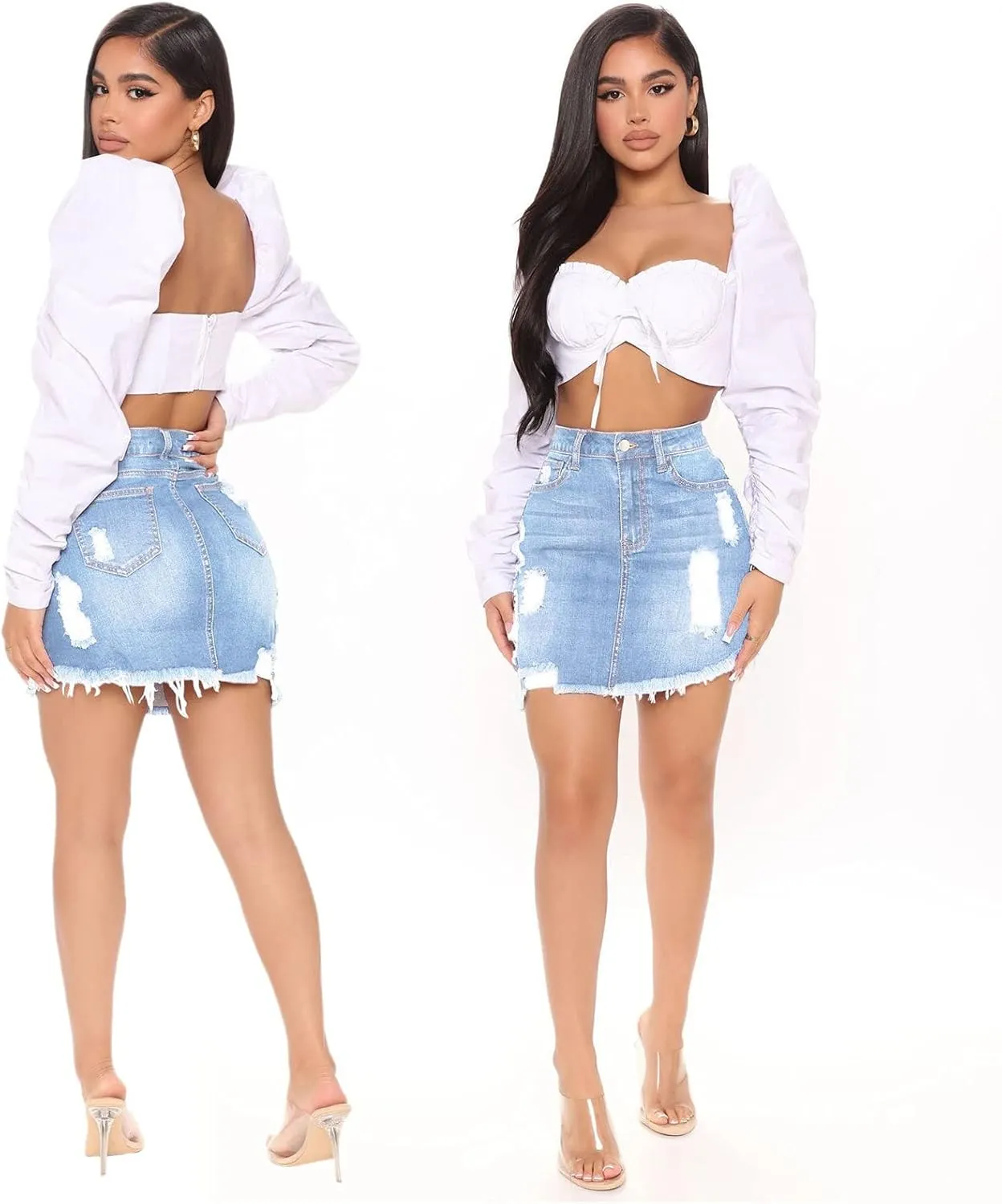 Women's Casual Ripped Jean Skirt High Waisted A-Line Button Hole Wrap Denim Jean Skirt Mini Skirt