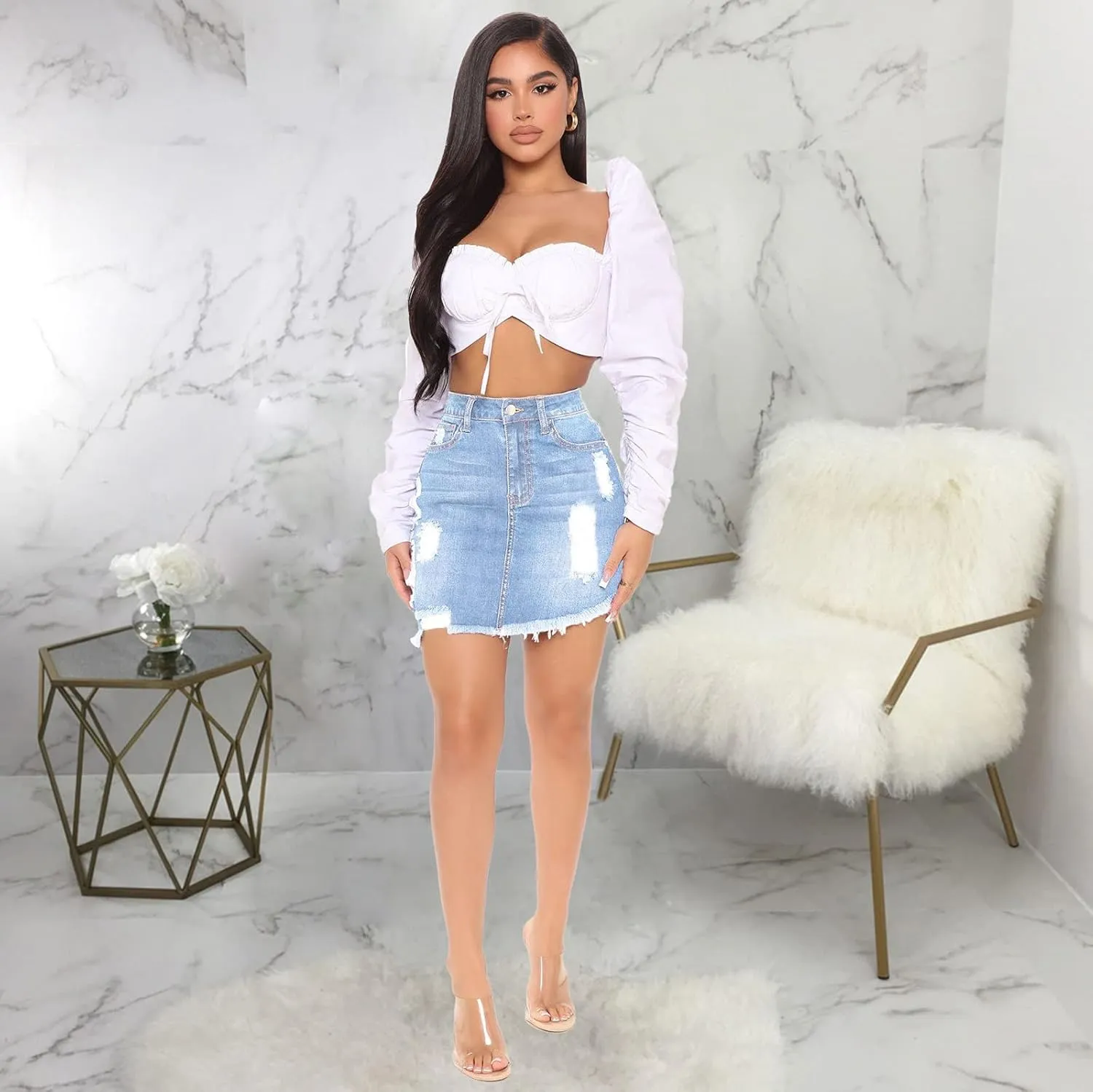 Women's Casual Ripped Jean Skirt High Waisted A-Line Button Hole Wrap Denim Jean Skirt Mini Skirt