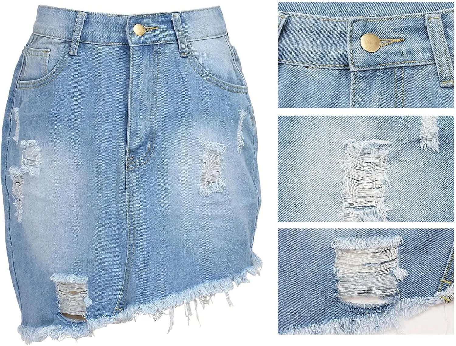 Women's Casual Ripped Jean Skirt High Waisted A-Line Button Hole Wrap Denim Jean Skirt Mini Skirt
