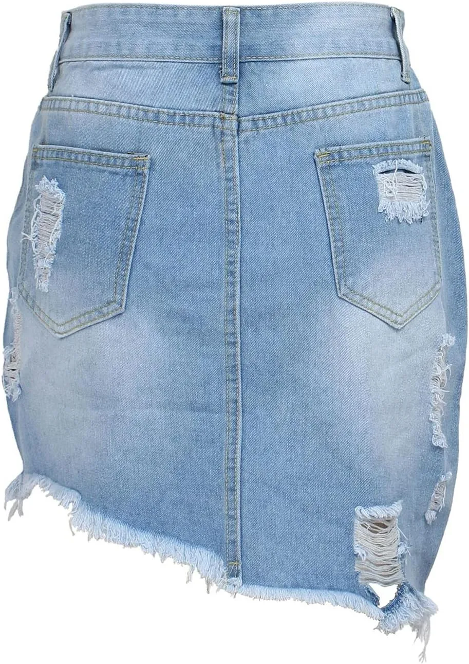 Women's Casual Ripped Jean Skirt High Waisted A-Line Button Hole Wrap Denim Jean Skirt Mini Skirt