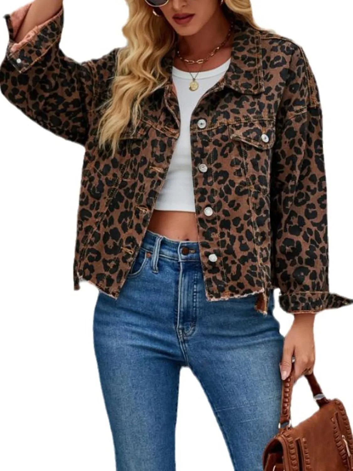 Women's Crop Denim Jacket Long Sleeve Button Up Leopard Print Jacket Fall Trendy Retro Y2k Streetwear Denim Coat