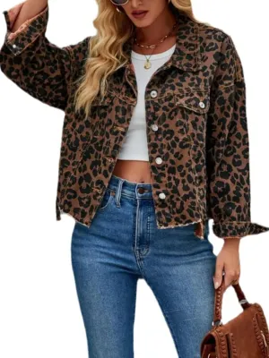 Women's Crop Denim Jacket Long Sleeve Button Up Leopard Print Jacket Fall Trendy Retro Y2k Streetwear Denim Coat