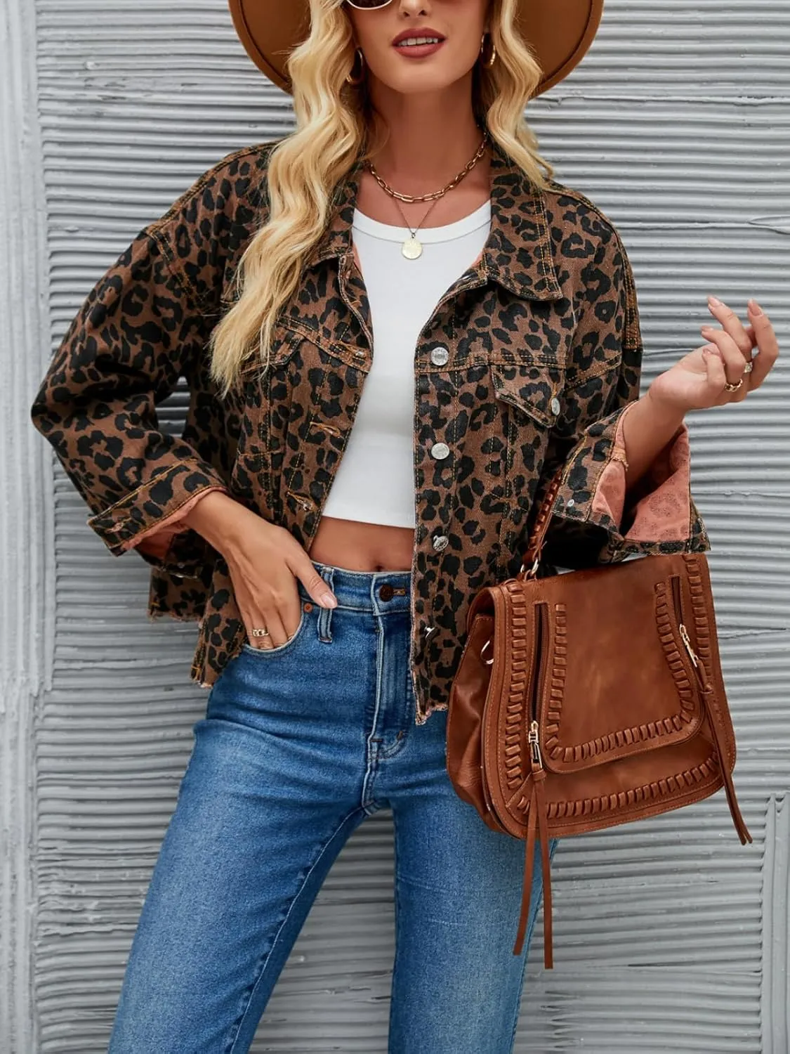 Women's Crop Denim Jacket Long Sleeve Button Up Leopard Print Jacket Fall Trendy Retro Y2k Streetwear Denim Coat