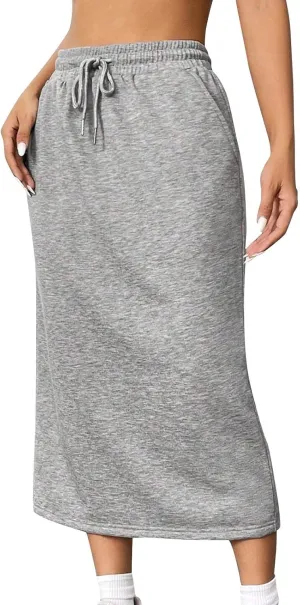 Womens Drawstring Maxi Skirt with Pockets Elastic High Waist A Line Long Sweat Skirts Trendy Fashion Outfits Clothes