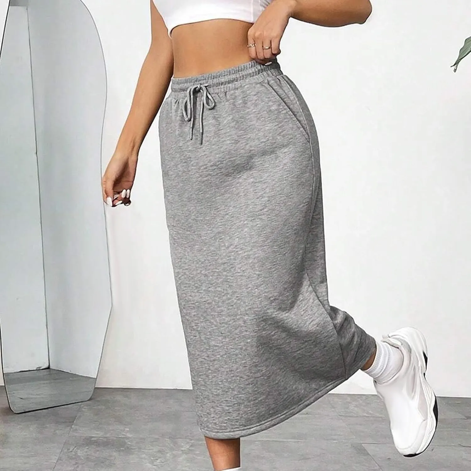 Womens Drawstring Maxi Skirt with Pockets Elastic High Waist A Line Long Sweat Skirts Trendy Fashion Outfits Clothes