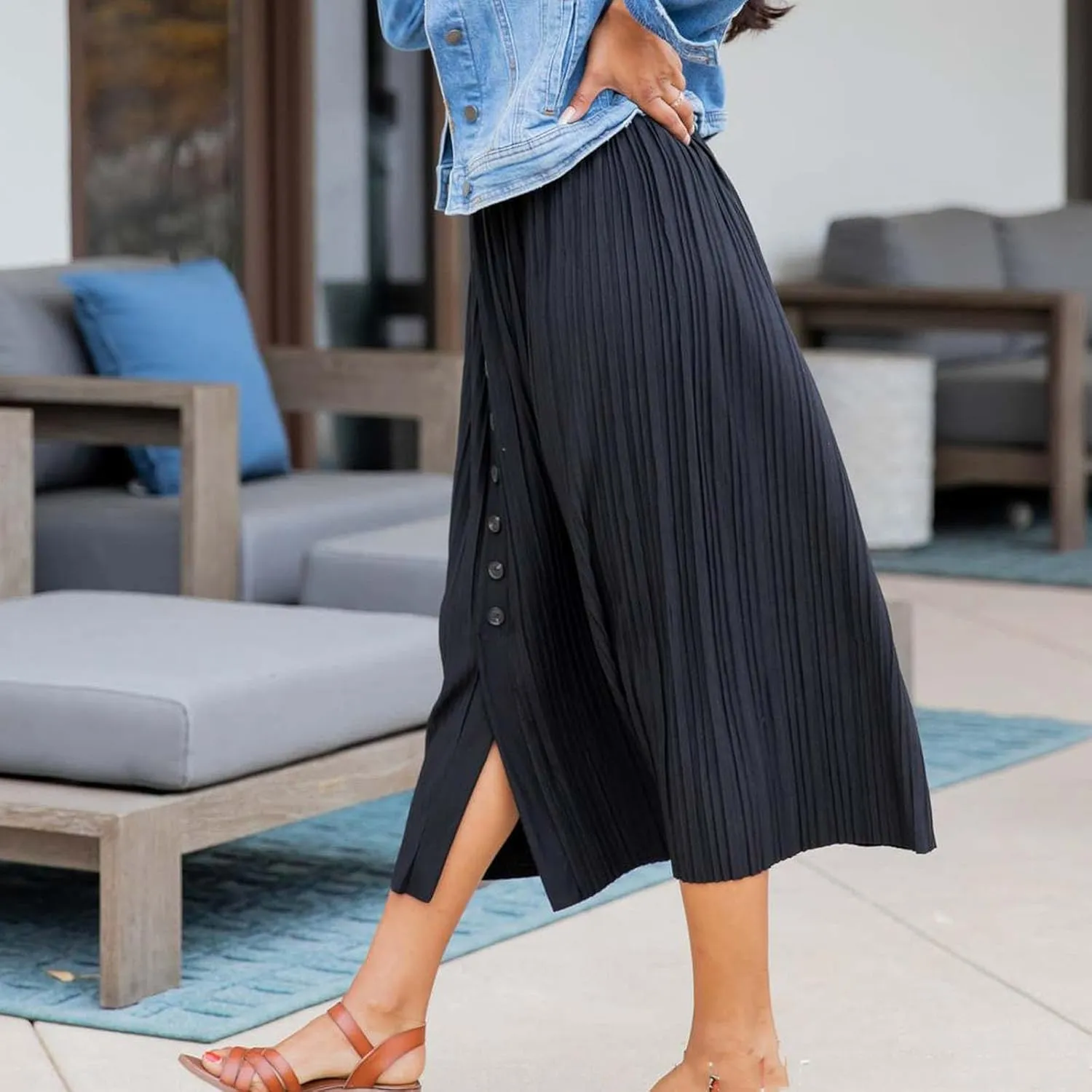 Women's Elastic High Waist Pleated A-Line Midi Skirts Dressy Casual Trendy Button Down Business Work Long Skirt