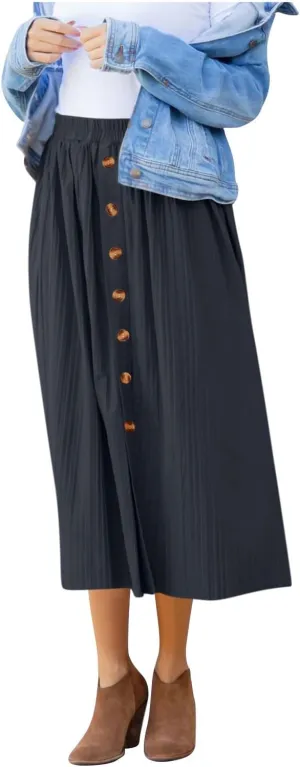 Women's Elastic High Waist Pleated A-Line Midi Skirts Dressy Casual Trendy Button Down Business Work Long Skirt