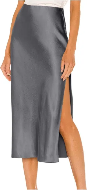 Women's Fashion Casual Solid Color Side Split Slit Midi Skirt Elastic High Waisted Sexy Summer A Line Mid-Calf Skirts