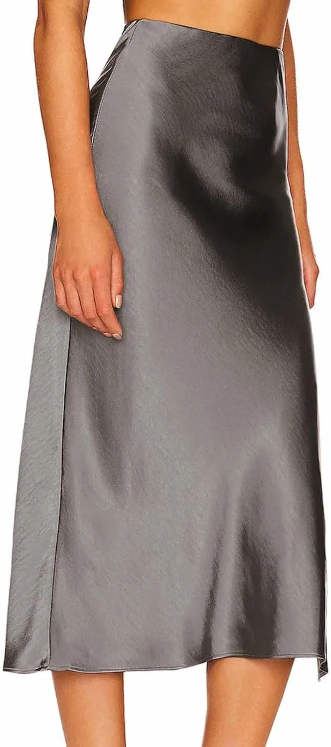 Women's Fashion Casual Solid Color Side Split Slit Midi Skirt Elastic High Waisted Sexy Summer A Line Mid-Calf Skirts