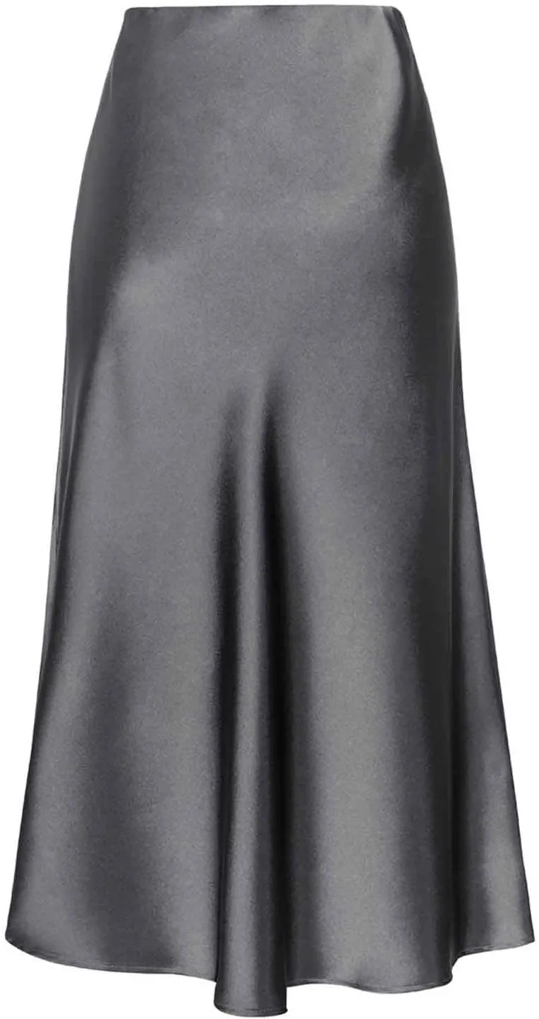 Women's Fashion Casual Solid Color Side Split Slit Midi Skirt Elastic High Waisted Sexy Summer A Line Mid-Calf Skirts