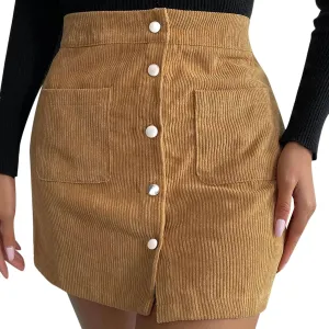 Women's Faux Suede Skirt Button Closure A-Line High Wasit Mini Short Skirt Corduroy Hip Wrap Pleated Skirt