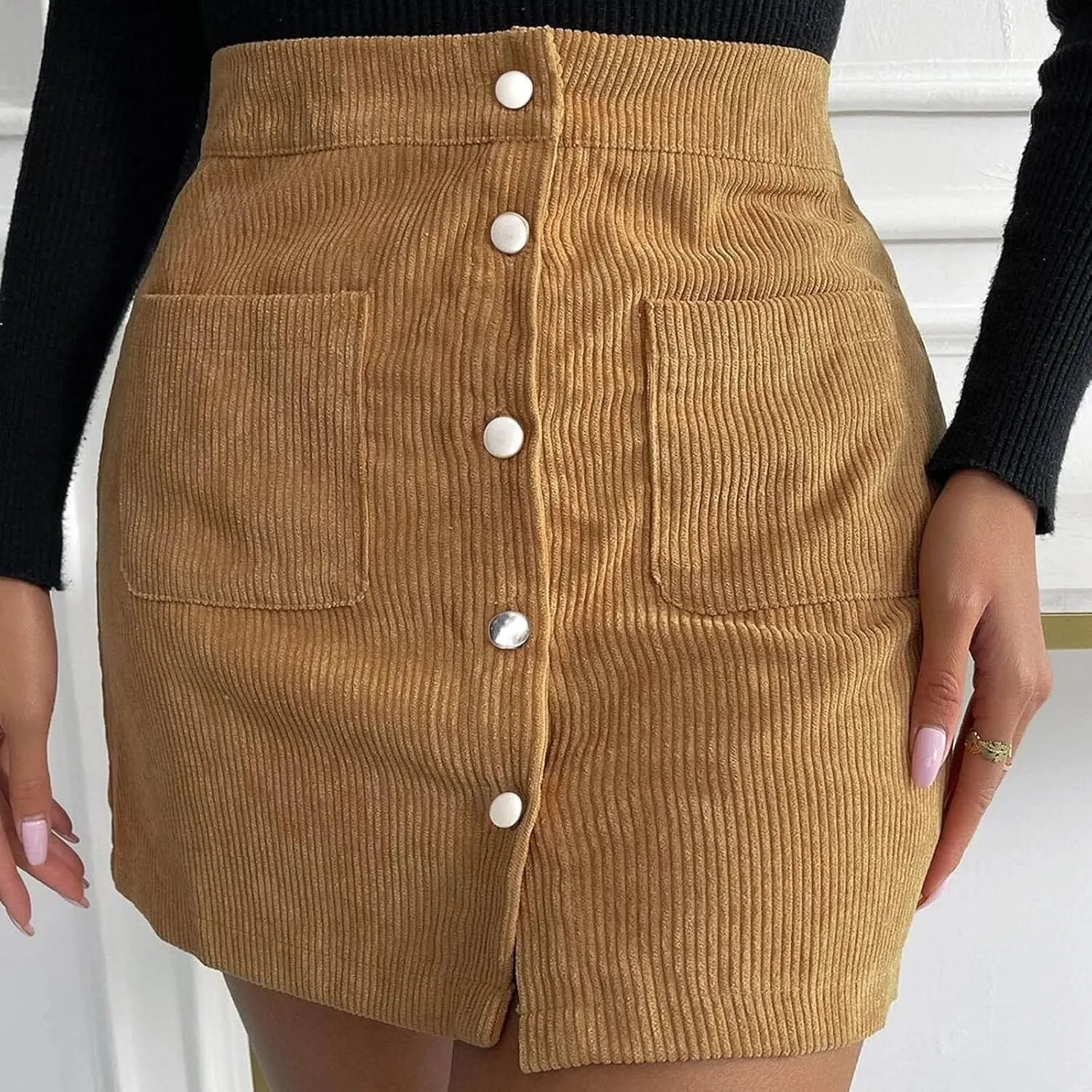Women's Faux Suede Skirt Button Closure A-Line High Wasit Mini Short Skirt Corduroy Hip Wrap Pleated Skirt
