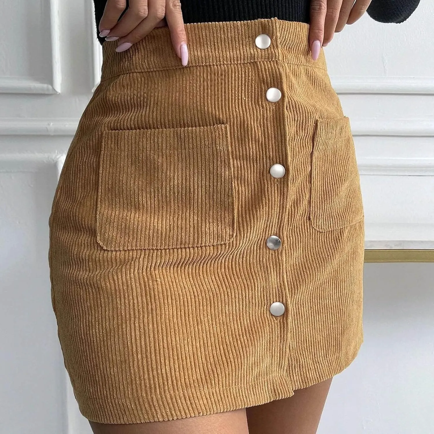 Women's Faux Suede Skirt Button Closure A-Line High Wasit Mini Short Skirt Corduroy Hip Wrap Pleated Skirt