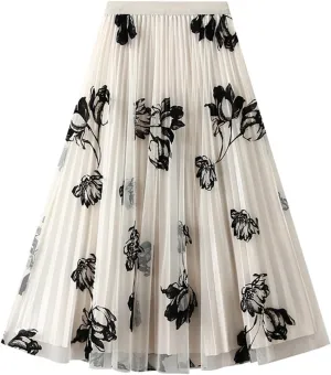 Womens Floral Mesh Pleated Skirt Elegant High Waisted Midi A Line Skirts Summer Casual Flowy Cute Tulle Fairy Skirt