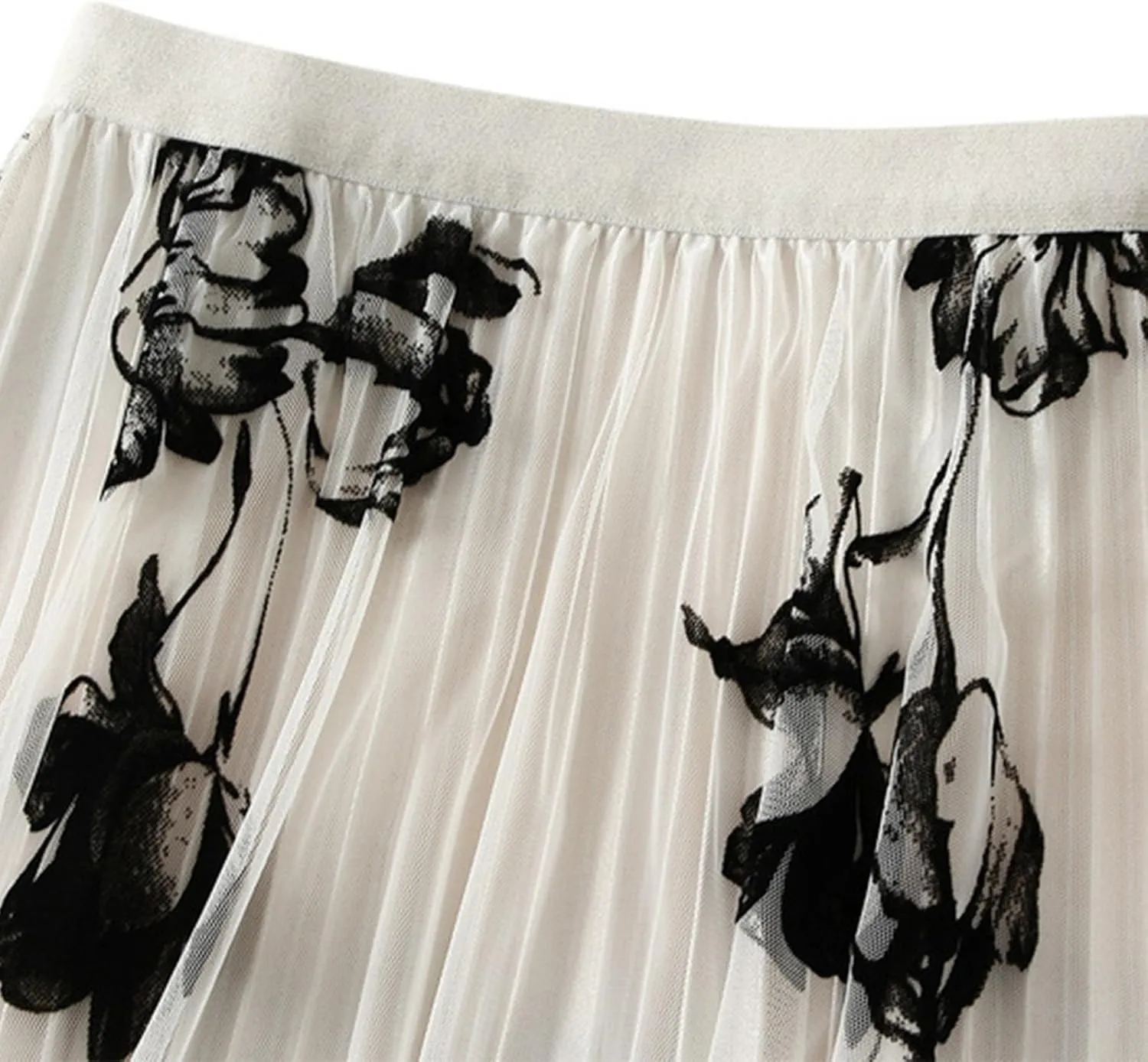 Womens Floral Mesh Pleated Skirt Elegant High Waisted Midi A Line Skirts Summer Casual Flowy Cute Tulle Fairy Skirt