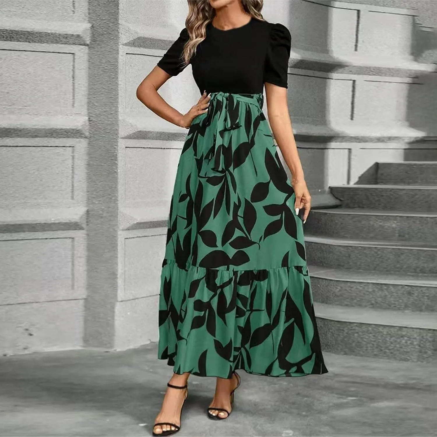Women's Floral Printed Ruffle Short Sleeve Maxi Dress Casual Long Flowy Dresses 2025 Summer Dresses with Pockets