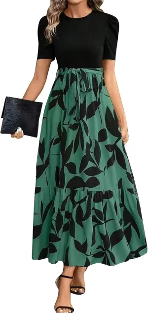 Women's Floral Printed Ruffle Short Sleeve Maxi Dress Casual Long Flowy Dresses 2025 Summer Dresses with Pockets