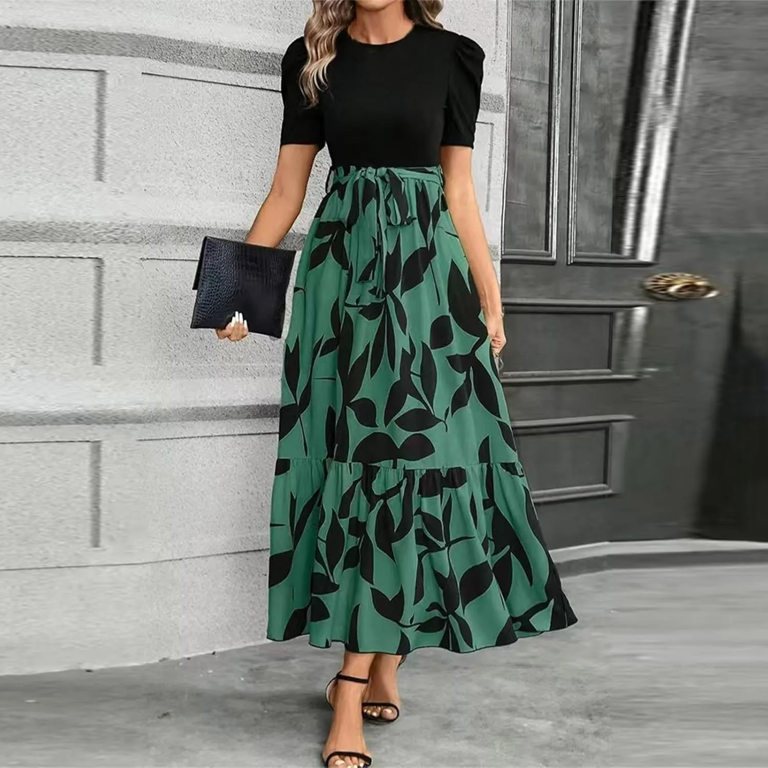 Women's Floral Printed Ruffle Short Sleeve Maxi Dress Casual Long Flowy Dresses 2025 Summer Dresses with Pockets
