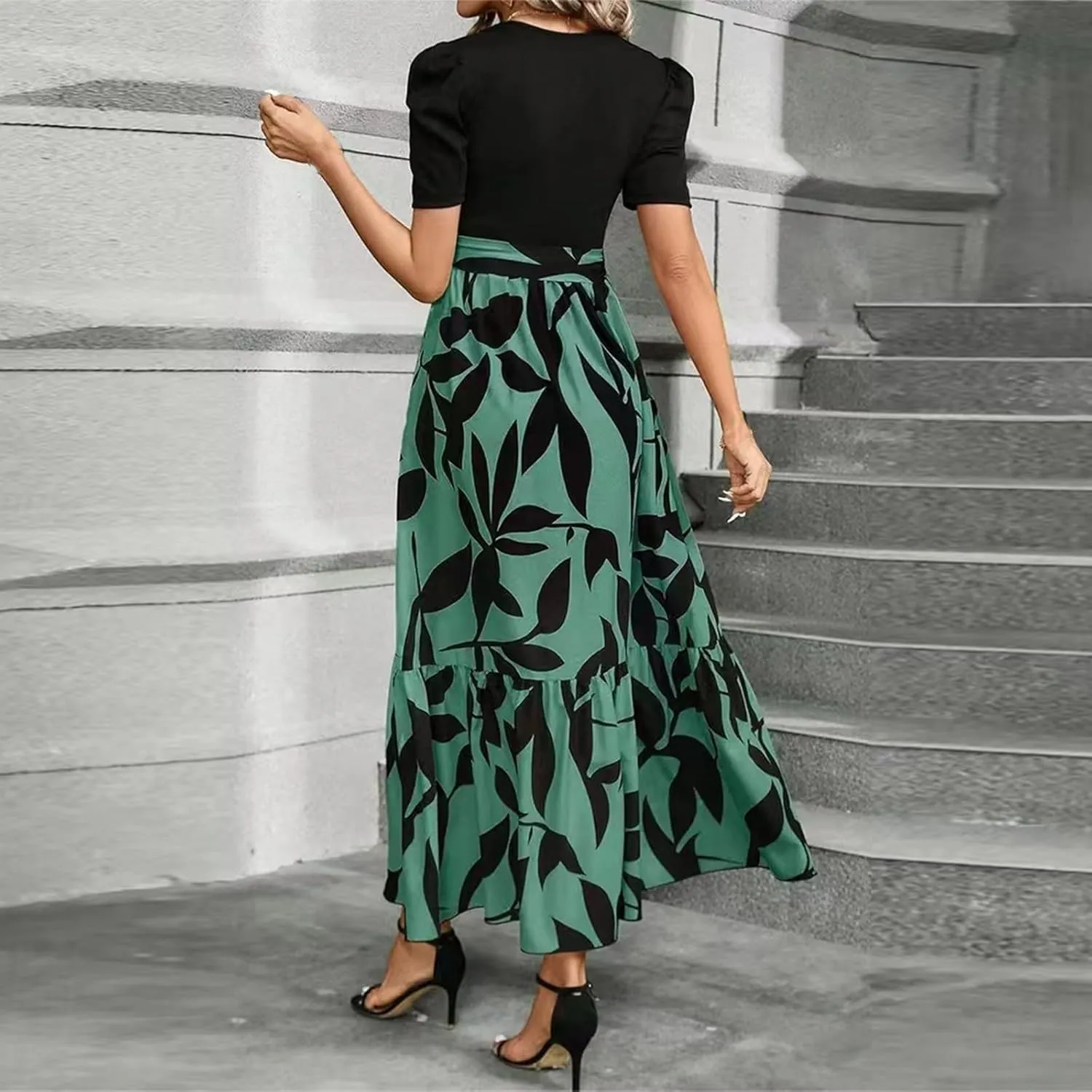 Women's Floral Printed Ruffle Short Sleeve Maxi Dress Casual Long Flowy Dresses 2025 Summer Dresses with Pockets