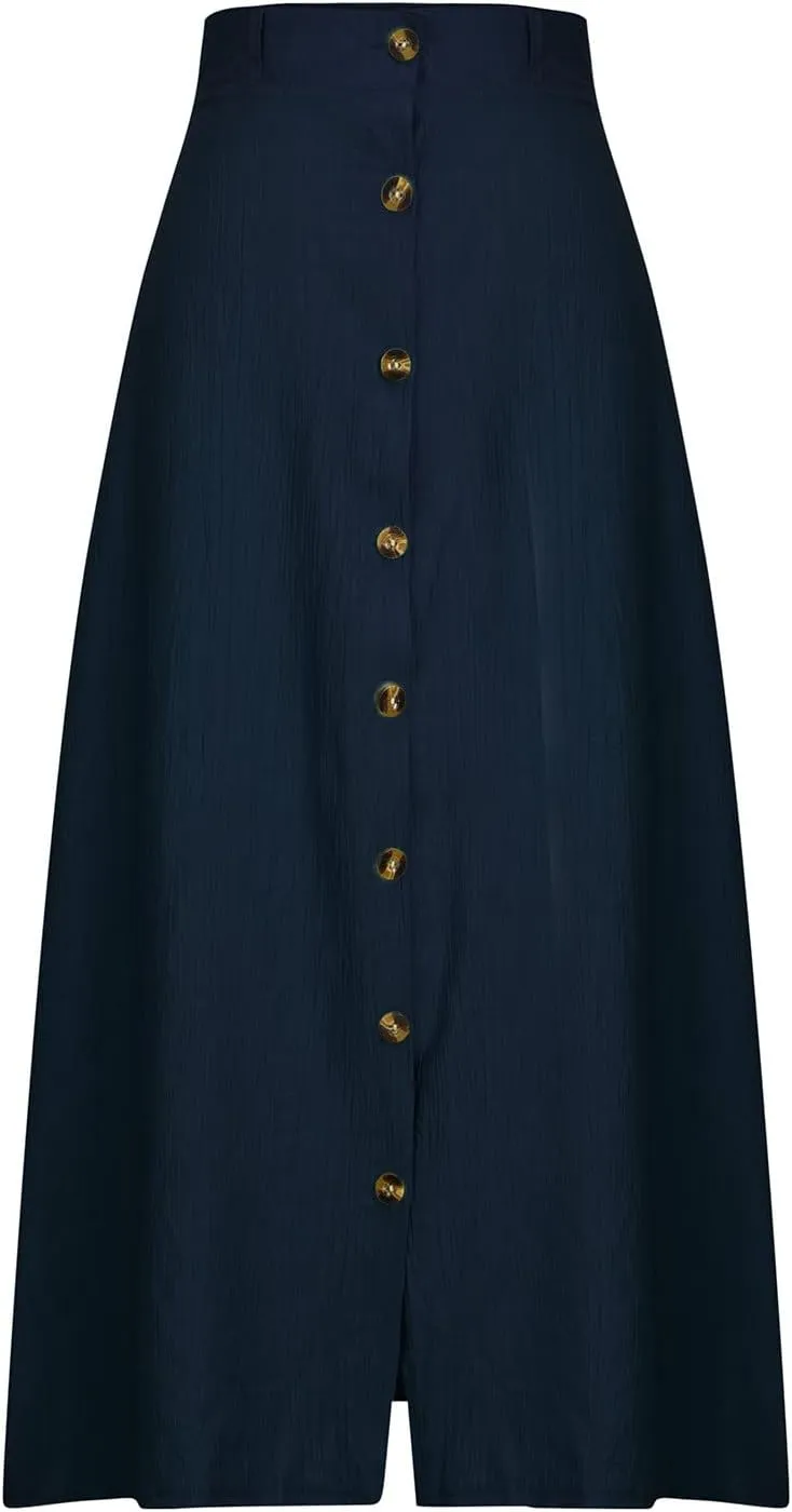 Women's Flowy Button Up Midi Skirts High Waisted Elastic Skirt Casual Split Front Dress Vintage Flared Skirts
