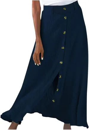 Women's Flowy Button Up Midi Skirts High Waisted Elastic Skirt Casual Split Front Dress Vintage Flared Skirts