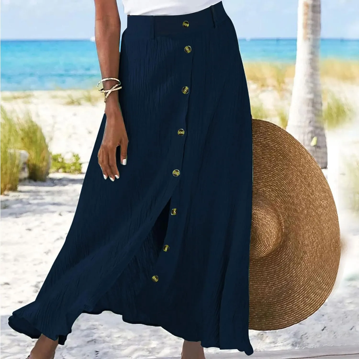 Women's Flowy Button Up Midi Skirts High Waisted Elastic Skirt Casual Split Front Dress Vintage Flared Skirts