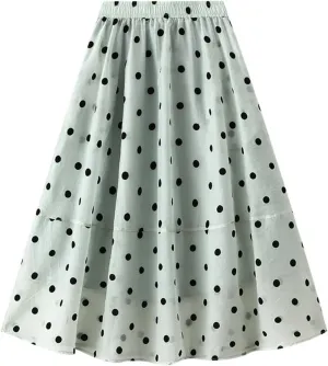 Womens Gauze Skirts Polka Dot Print A Line Swing Midi Skirt Summer Casual Boho Beach Skirts Resort Wear