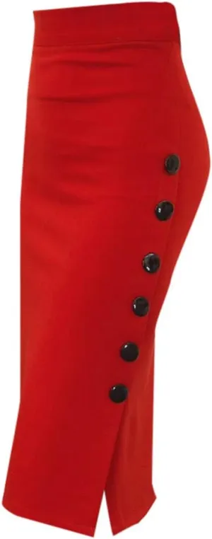 Womens Harajuku Split Office Skirt Multiple Size Pencil Bodycon Skirt Ladies High Waisted Button skirts for women trendy Red